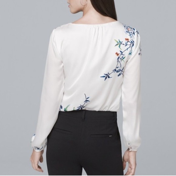 WHBM Gathered-Detail White and Blue Floral-Print Blouse, 0P - Picture 2 of 8